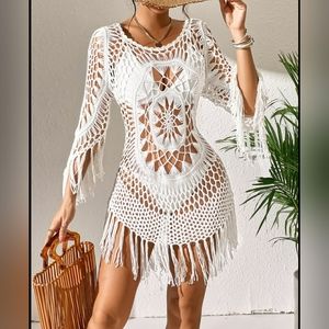 Hollow Out Fringe Hem Cover-Up Dress Beach Wear
